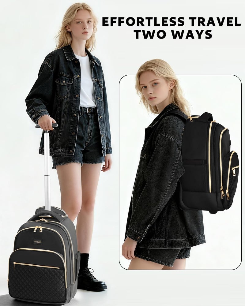 Arcoyard Rolling Backpack for Women, 15 inch Lightweight Wheeled Roller Laptop Backpack for Adults, Water Resistant Underseat Carry On Luggage Bag, TSA Friendly Anti Theft Business Gear, Black Gold - Image 4