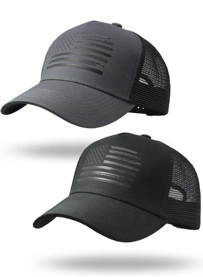 HAFOUXIGM 2 Pack American Flag Trucker Hats, Fitted Breathable Comfortable Mesh Snapback USA Flag Baseball Caps for Men Women - Image 1