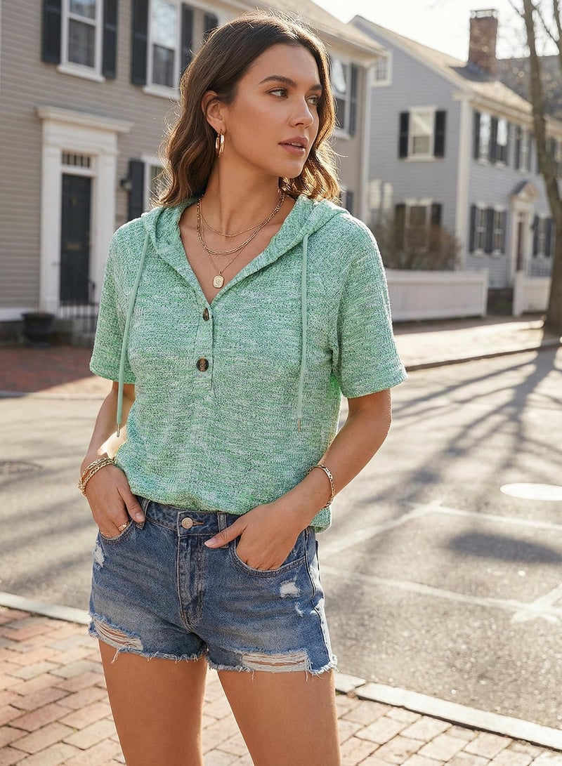 Dokotoo Womens Summer Tops Fashion Beach Vacation Clothes 2026 Oversized Waffle Knit T-Shirt Drawstring Button V Neck Short Sleeve Sweaters Casual Loose Fit Sweatshirt Hooded Blouses Green Medium - Image 5