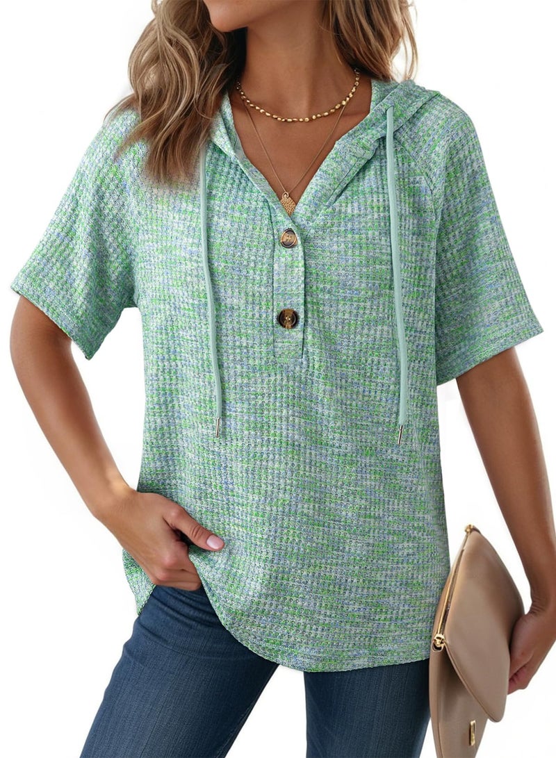 Dokotoo Womens Summer Tops Fashion Beach Vacation Clothes 2026 Oversized Waffle Knit T-Shirt Drawstring Button V Neck Short Sleeve Sweaters Casual Loose Fit Sweatshirt Hooded Blouses Green Medium - Image 1