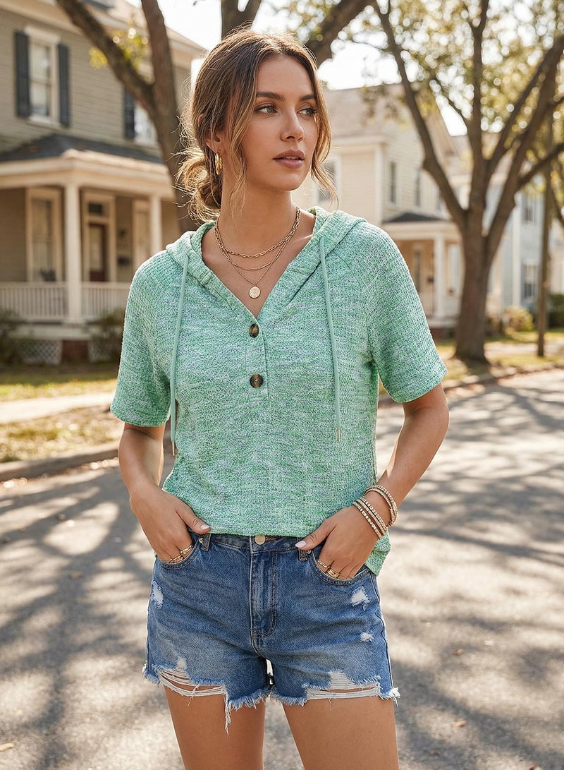 Dokotoo Womens Summer Tops Fashion Beach Vacation Clothes 2026 Oversized Waffle Knit T-Shirt Drawstring Button V Neck Short Sleeve Sweaters Casual Loose Fit Sweatshirt Hooded Blouses Green Medium - Image 4