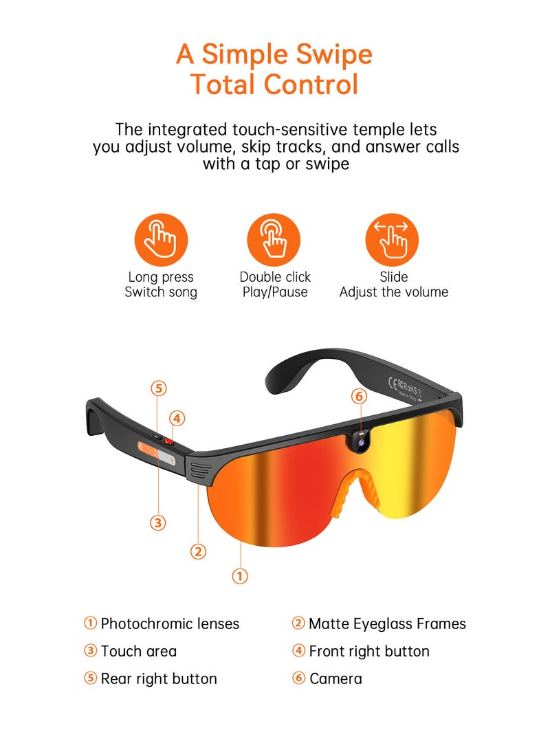 ZESITH Black-Yellow Sports Smart Glasses, 800W HD Camera, Anti-Shake Video, Bluetooth Call, Music, Dual Lenses for Cycling - Image 3