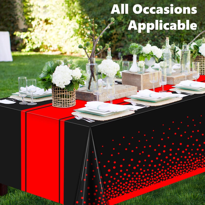 LANLISA Red and Black Tablecloth Party Decorations 2 Pack, Disposable Plastic Table Cloths for Birthday Graduation Retirement Masquerade Party Decor - Image 2