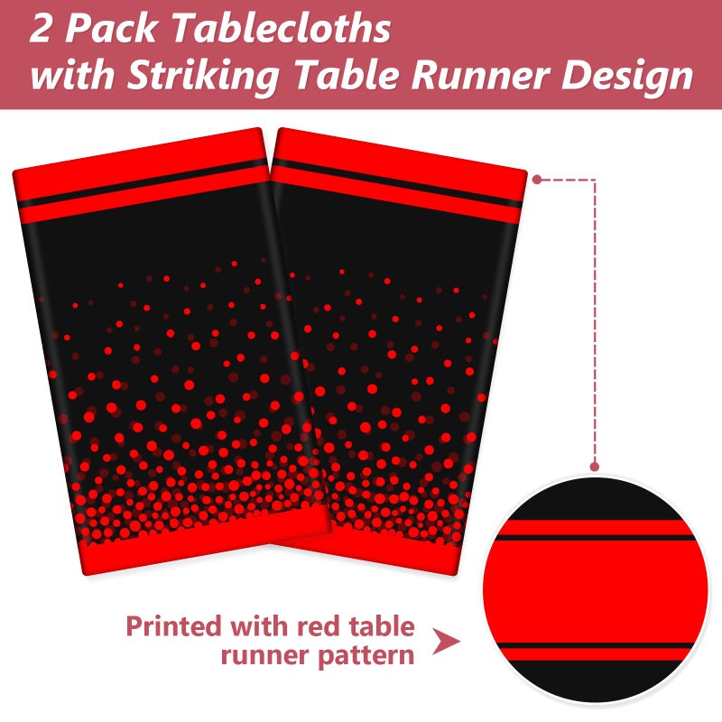 LANLISA Red and Black Tablecloth Party Decorations 2 Pack, Disposable Plastic Table Cloths for Birthday Graduation Retirement Masquerade Party Decor - Image 4