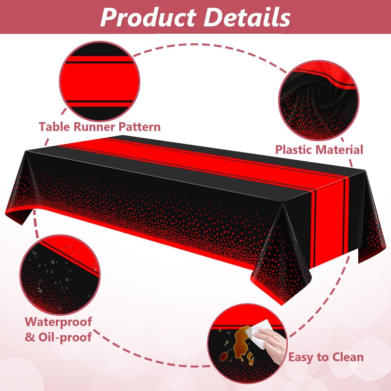 LANLISA Red and Black Tablecloth Party Decorations 2 Pack, Disposable Plastic Table Cloths for Birthday Graduation Retirement Masquerade Party Decor - Image 5