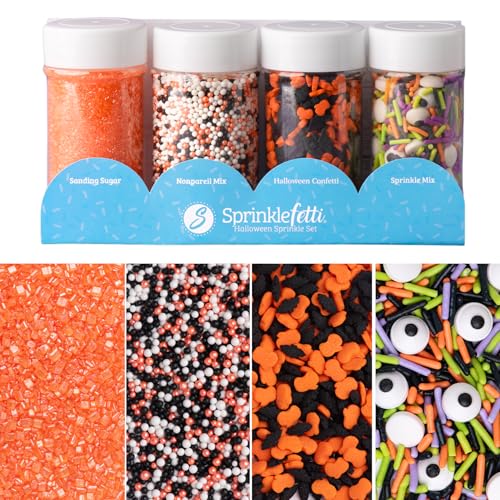 Sweets Indeed Halloween Sprinkles 4-Pack – 11.57 oz Jar Set | Candy Eyeball Mix, Bat & Pumpkin Quin Mix, Orange Sanding Sugar & Black/White/Orange Nonpareils | Cupcake & Cookie Decorations - Image 1