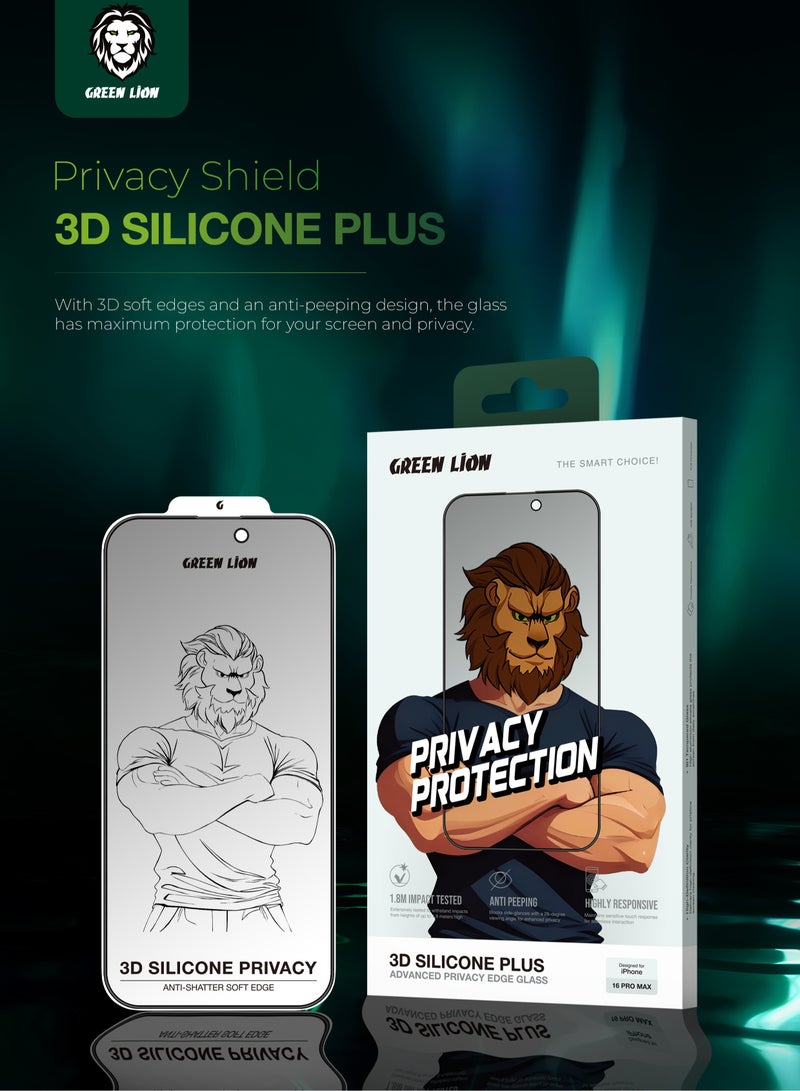 GREEN LION iPhone 16 Pro Max Screen protector 3D Silicone Plus Advanced Privacy Edge Glass / Anti Peeping / Anti Fingerprint / Anti Scratch / Grease Resistance / 1.8 Meter Impact Tested / Highly Responsive - Black Edge/Privacy - Image 2