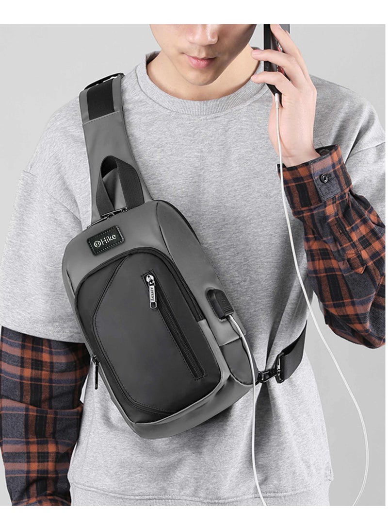 HIKE Crossbody Sling Bag Synthetic Water Resistant Unisex Small Shoulder Bag with Built in USB Port for Business Travel Outdoor Shopping, HK2032, Light Grey - Image 2