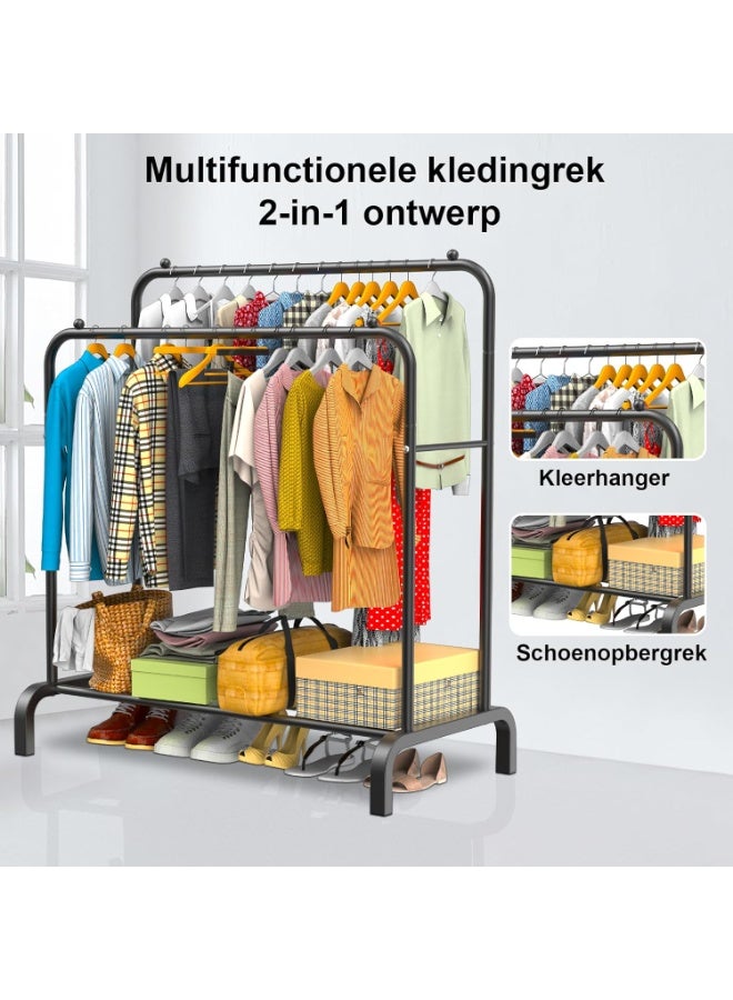 BLOOMING TIME Double-Row Simple Clothes Hanger, With One Storage Shelf, Floor-Standing Bedroom Garment Rack, Double-Row Clothes Rail, Home Vertical Clothes Hanging Rack - Image 5