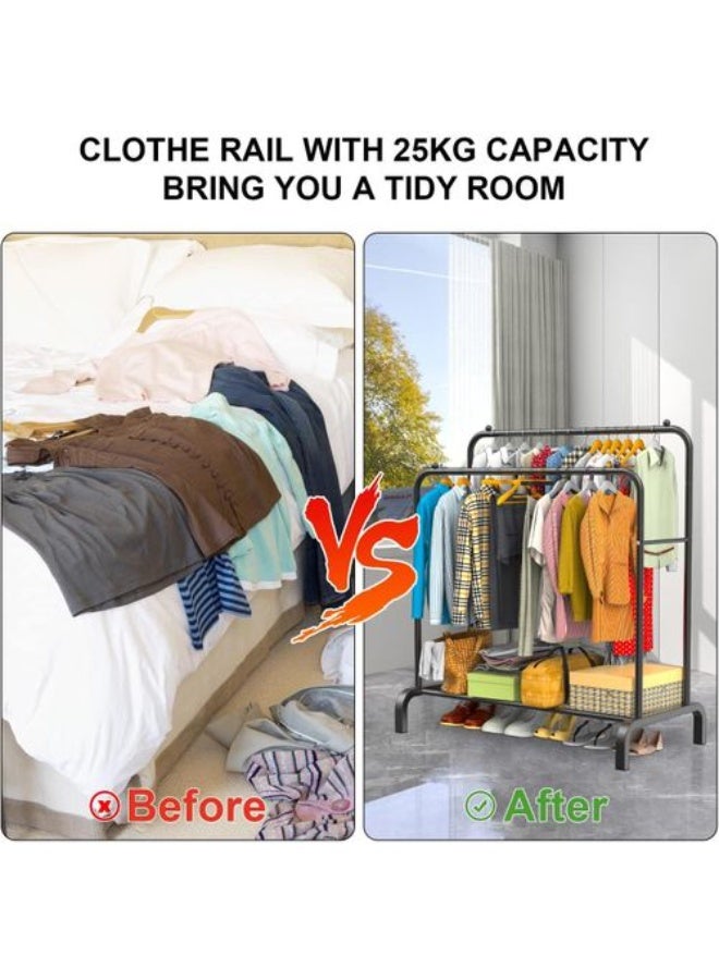 BLOOMING TIME Double-Row Simple Clothes Hanger, With One Storage Shelf, Floor-Standing Bedroom Garment Rack, Double-Row Clothes Rail, Home Vertical Clothes Hanging Rack - Image 3