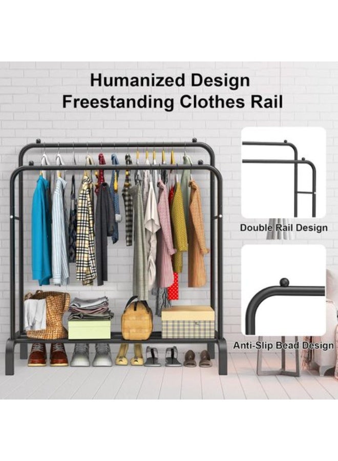 BLOOMING TIME Double-Row Simple Clothes Hanger, With One Storage Shelf, Floor-Standing Bedroom Garment Rack, Double-Row Clothes Rail, Home Vertical Clothes Hanging Rack - Image 2