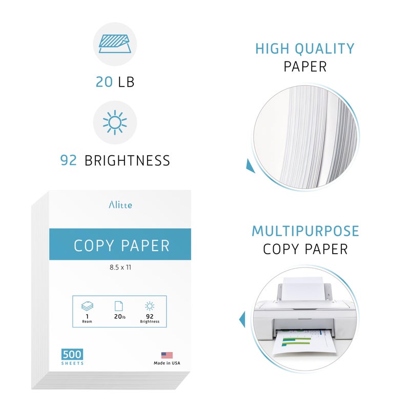 Alitte Printer Paper - 8.5 x 11 White Letter Size Copy Paper, 1 Ream 500 Sheets 20 lb Printing Paper for Documents Writing, Drawing, Smooth, 92 Bright | Home, School, Office Supplies | Made in USA - Image 2