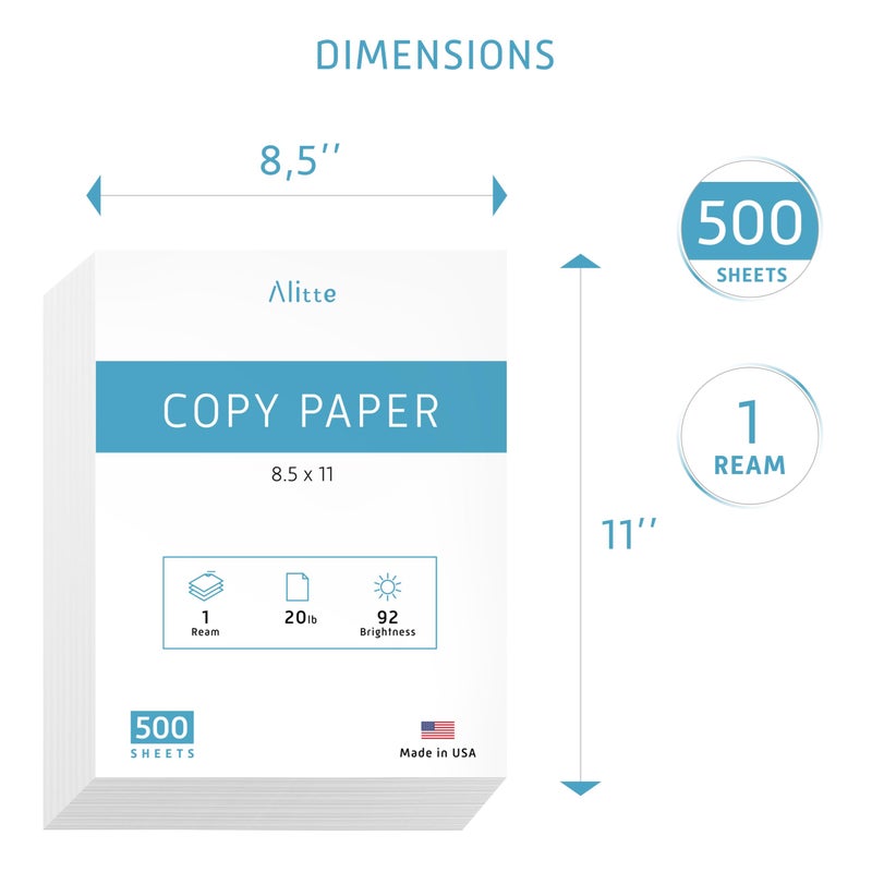 Alitte Printer Paper - 8.5 x 11 White Letter Size Copy Paper, 1 Ream 500 Sheets 20 lb Printing Paper for Documents Writing, Drawing, Smooth, 92 Bright | Home, School, Office Supplies | Made in USA - Image 3