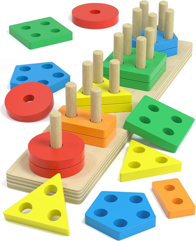 kecristv Montessori Toys for 1 2 Year Old Girl and Boy Birthday Gifts, Shape Sorter Wooden Toys for Toddlers Age 1-3 2-4, Learning Educational Sensory Stacking Toy Toddler Puzzles - Image 1
