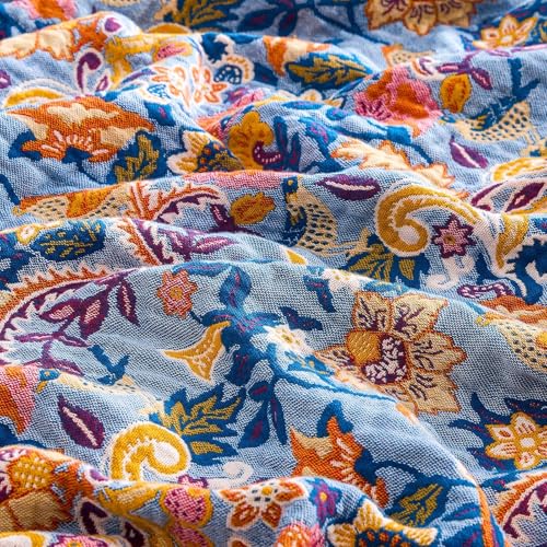 XIBLC Boho Throw Blanket for Bed, 100% Cotton Soft Rustic Quilt Fall Blanket, 90"x98" Floral Printed Farmhouse Decor Bed Blankets, All Season Rustic Reversible Bohemian Throw Quilt - Image 5