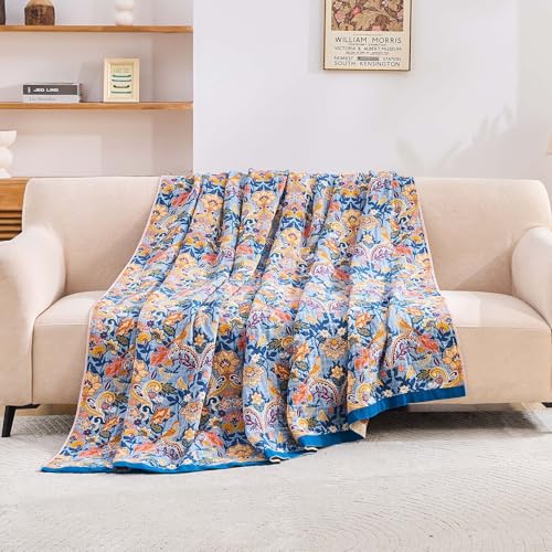 XIBLC Boho Throw Blanket for Bed, 100% Cotton Soft Rustic Quilt Fall Blanket, 90"x98" Floral Printed Farmhouse Decor Bed Blankets, All Season Rustic Reversible Bohemian Throw Quilt - Image 3