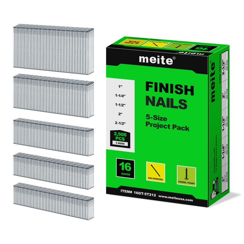 meite 16 Gauge Finish Nails 5 Sizes Assorted Set 2,500PCS Galvanized Straight Finish Nails for Pneumatic Cordless Finish Nailer on Crown Molding Cabinetry (1", 1-1/4", 1-1/2", 2", 2-1/2" Each 500PCS) - Image 1