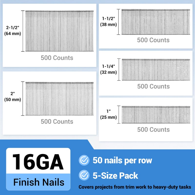 meite 16 Gauge Finish Nails 5 Sizes Assorted Set 2,500PCS Galvanized Straight Finish Nails for Pneumatic Cordless Finish Nailer on Crown Molding Cabinetry (1", 1-1/4", 1-1/2", 2", 2-1/2" Each 500PCS) - Image 2