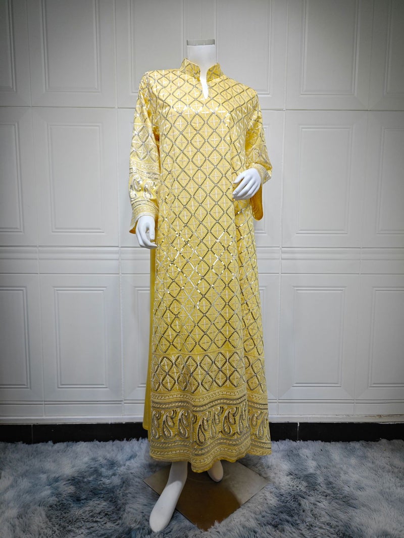 Jalabiya Sequin Embroidery Fashionable V-Neck Long-Sleeved Long Dress 2026 New Women's Clothing