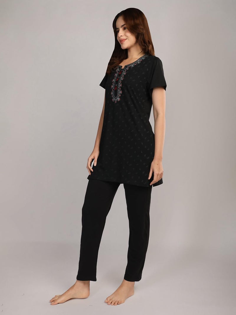 Duchess Women's Cotton Tie & die & Embroided Long Length Night Suit Set - Image 4