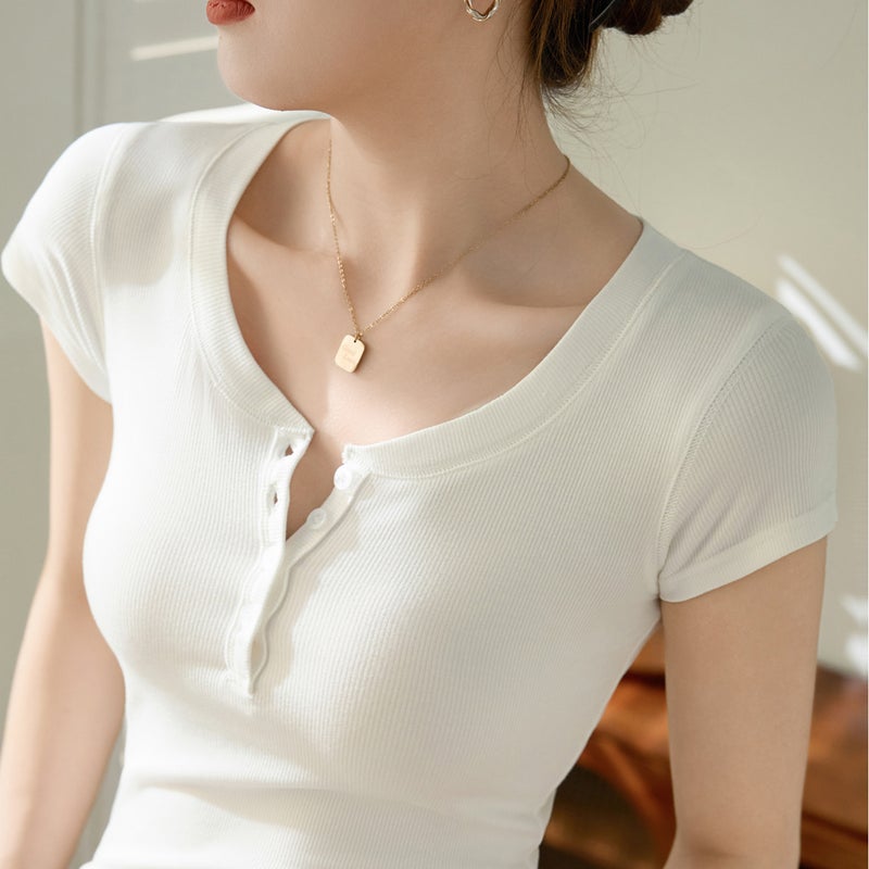 [Easy To Use] High Elastic Threaded Cotton V Neck Button Short-Sleeved T-Shirt For Women Summer Slim Fit Bottoming Shirt - Image 1