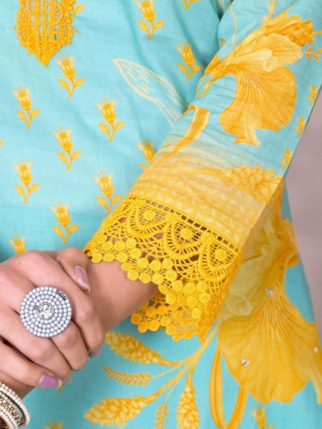 آي شين طقم كورتا نسائي قطني من إيشين بدانتيل عند الحافة مع بنطلون وشال - Image 3