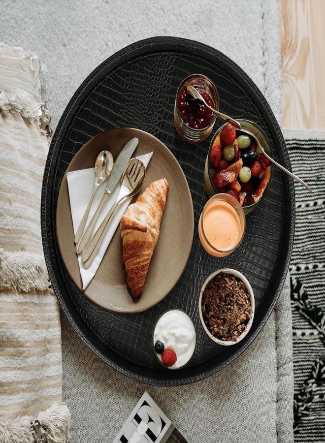 HofferRuffer Extra Large Round Serving Tray 20'', Elegant Oversized Faux Leather Circle Ottoman Table Tray, Serve Tea Coffee Breakfast in Bedroom Living Room Kitchen (Classic Black) - Image 4