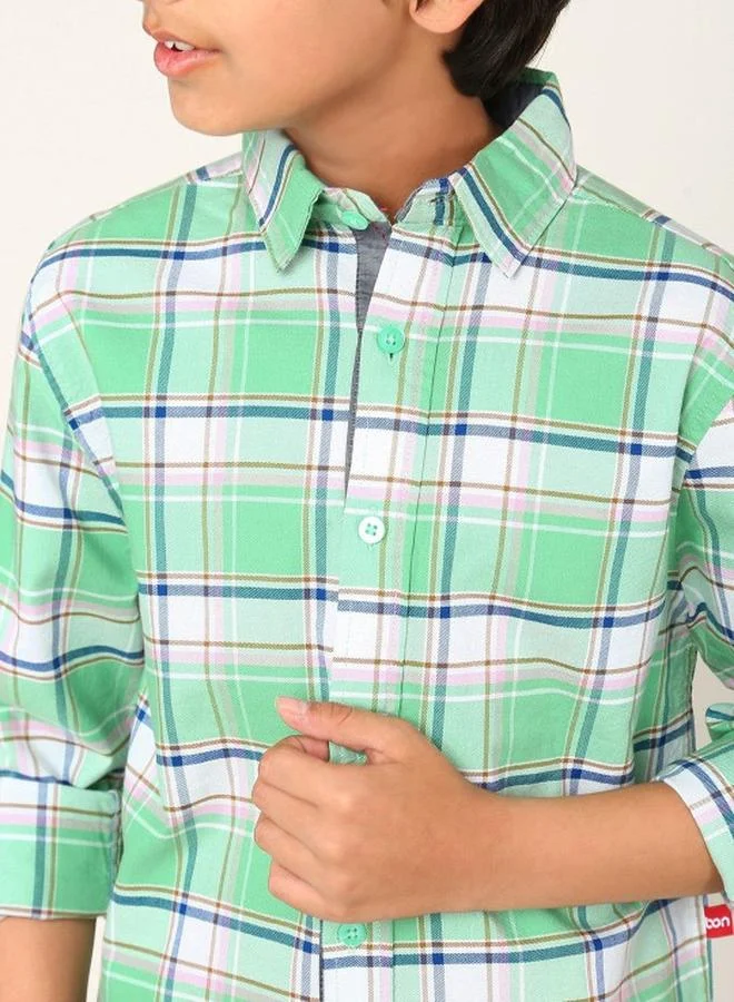 Bonkids Boy's shirts in regular fit green colour cotton fabric embellished pattern pull over closure woven weave type round collar type round neckline half sleeve length button down upper body wear type suitable for casual occasions – styled to perfection for modern charm.