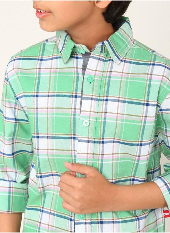 Bonkids - Boy's shirts in regular fit green colour cotton fabric embellished pattern pull over closure woven weave type round collar type round neckline half sleeve length button down upper body wear type suitable for casual occasions – styled to perfection for modern charm. - Image 1