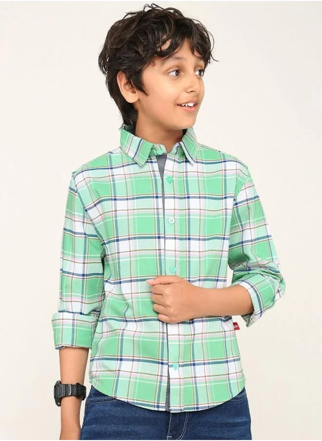 Bonkids Boy's shirts in regular fit green colour cotton fabric embellished pattern pull over closure woven weave type round collar type round neckline half sleeve length button down upper body wear type suitable for casual occasions – styled to perfection for modern charm.