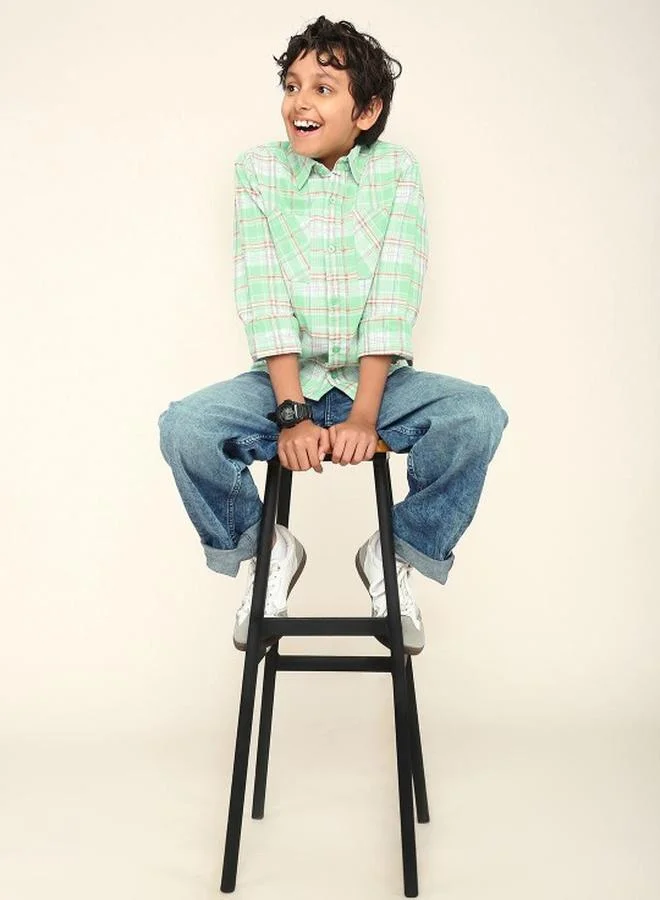 Bonkids Boy's shirts in regular fit green colour cotton fabric embellished pattern pull over closure woven weave type round collar type round neckline half sleeve length button down upper body wear type suitable for casual occasions – styled to perfection for modern charm.