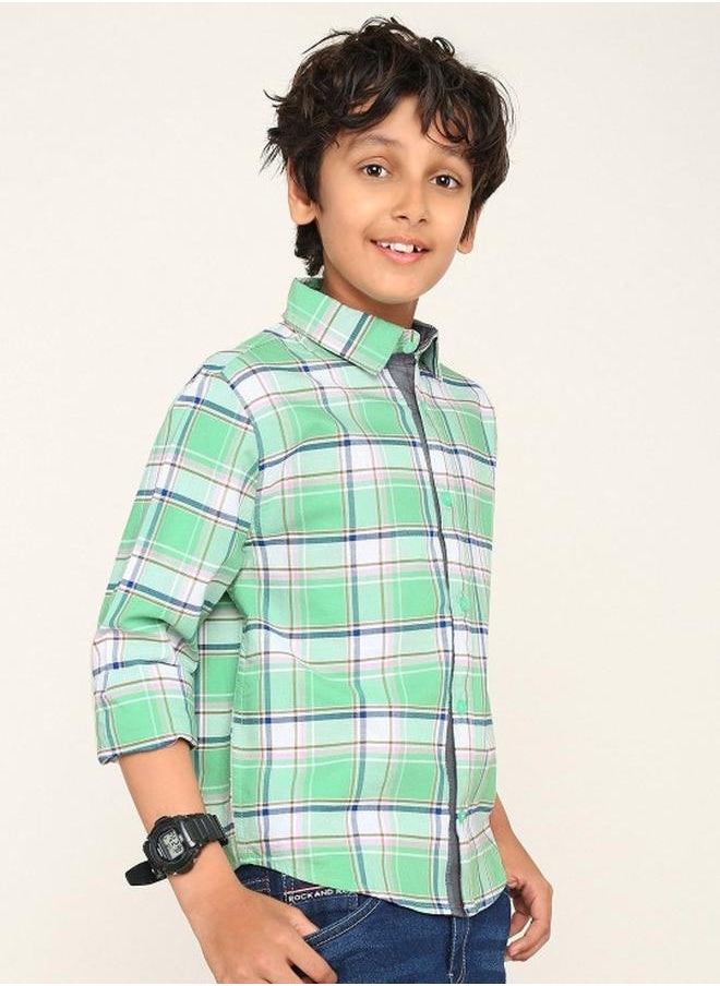 Bonkids - Boy's shirts in regular fit green colour cotton fabric embellished pattern pull over closure woven weave type round collar type round neckline half sleeve length button down upper body wear type suitable for casual occasions – styled to perfection for modern charm. - Image 1