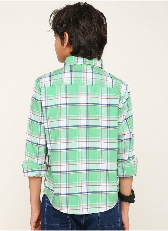 Bonkids - Boy's shirts in regular fit green colour cotton fabric embellished pattern pull over closure woven weave type round collar type round neckline half sleeve length button down upper body wear type suitable for casual occasions – styled to perfection for modern charm. - Image 1