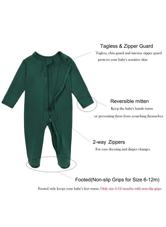 Aablexema Baby Footie Pajamas Zipper - Rayon from Bamboo Infant Footed Pjs with Mittens Sleepwear Jammies, Green, New Born - Image 2