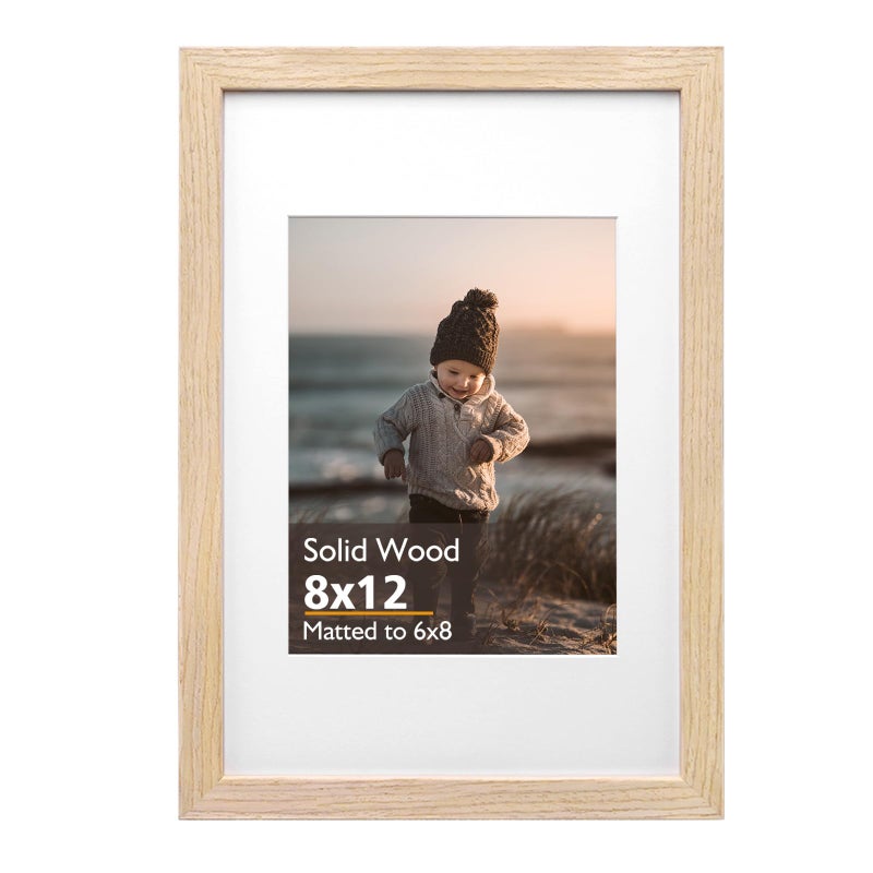 KINLINK 8x12 Picture Frame Natural Solid Wood Frame with Acrylic Plexiglass for Pictures 6x8 with Mat or 8x12 without Mat Tabletop and Wall Mounting Display Photo Frame 1 Pack