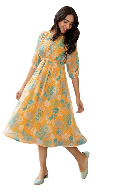 Janasya Women's Mustard Dobby Georgette Floral Flared Dress(JAA24DR00224-S) - Image 1