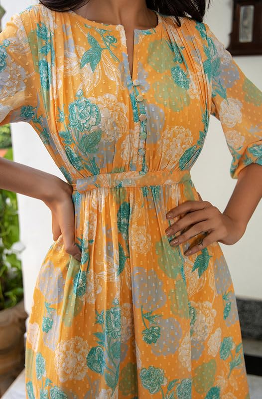 Janasya Women's Mustard Dobby Georgette Floral Flared Dress(JAA24DR00224-S) - Image 2