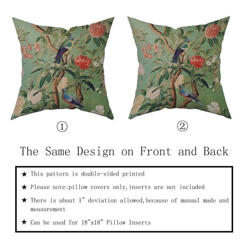 Sweetshow Green Chinoiserie Pillow Cover 20x20 Inch Vintage Bird Flower Throw Pillow Covers Farmhouse Floral Decorative Pillowcase Outdoor Cotton Square Cushion Cover for Couch Sofa Bedroom Decor (Pack of 2) - Image 4