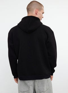trendyol Black Oversize/Wide Cut Hooded Sweatshirt with Text Print and Fleece Inside  - Image 5