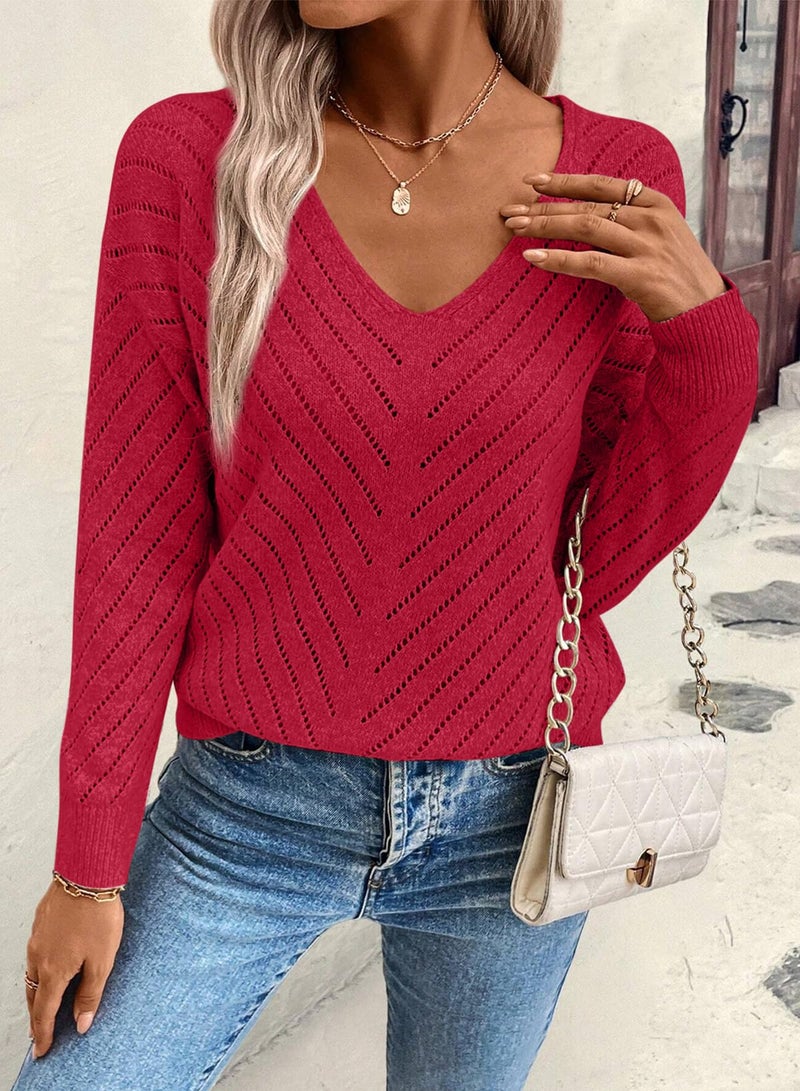 Shein SHEWIN Womens Sweaters Casual V Neck Sweater for Women Lightweight Womens Fall Tops Long Sleeve Shirts Sweaters for Women Fall Outfits 2025 Racing Red Small - Image 5