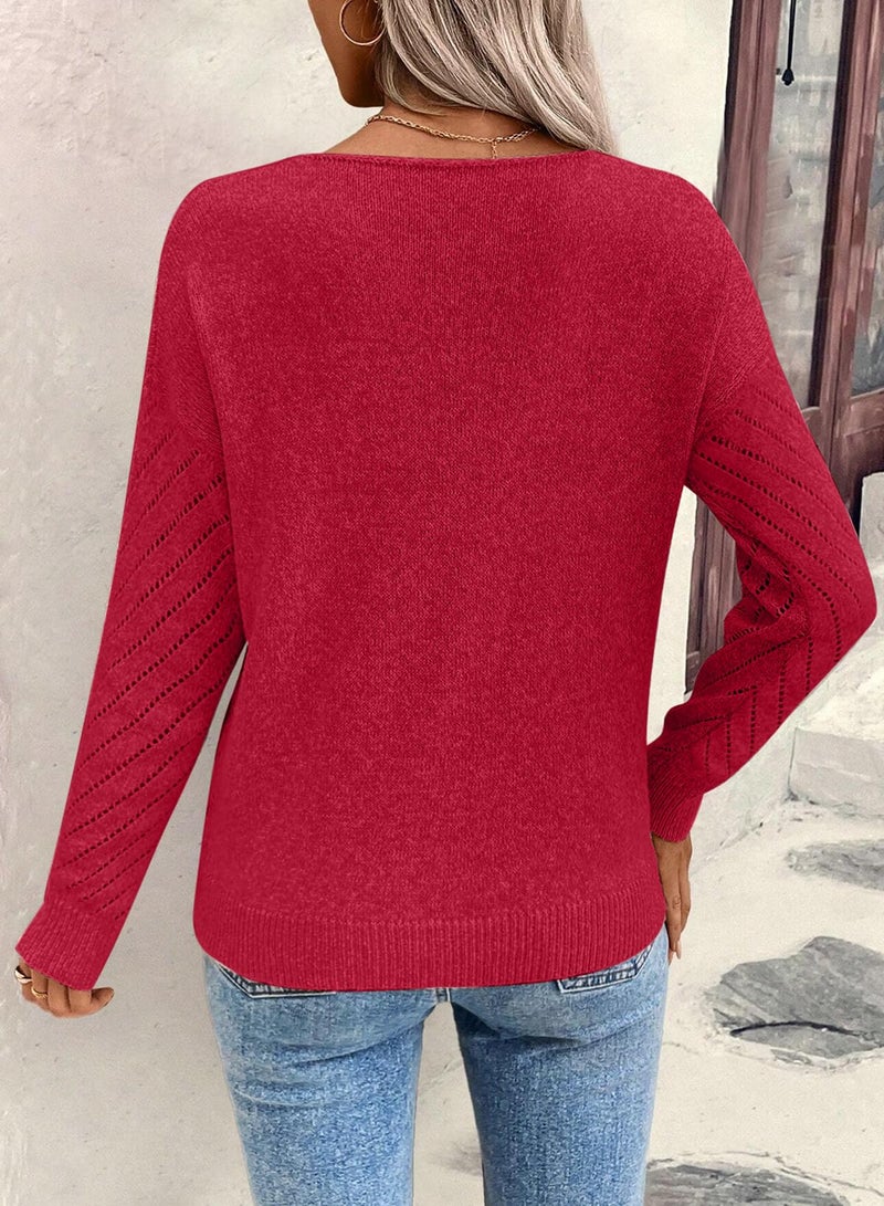 Shein SHEWIN Womens Sweaters Casual V Neck Sweater for Women Lightweight Womens Fall Tops Long Sleeve Shirts Sweaters for Women Fall Outfits 2025 Racing Red Small - Image 3