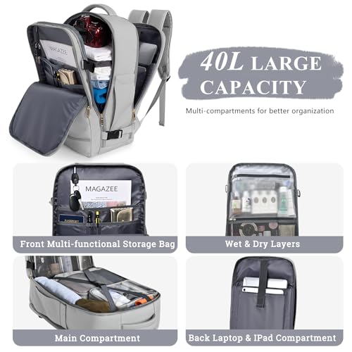 Sinaliy Travel Backpack, 40L 17 inch Laptop Travel Backpack Carry on Flight Approved, Personal Item Travel Bag, Waterproof Backpack for College, School, Business, Weekend, Work, Gray - Image 3