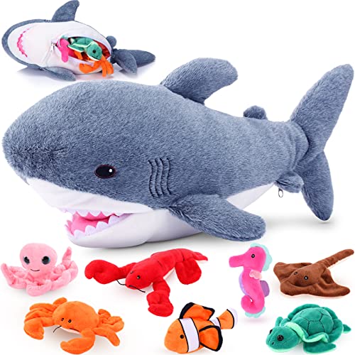 Zomiboo 18 Inch Great Shark Plush with 7 Pcs of Soft Stuffed Sea Animals Include Manta Ray Seahorse Crab Clown Fish Turtle Octopus and Lobster Gift for Friend - Image 1