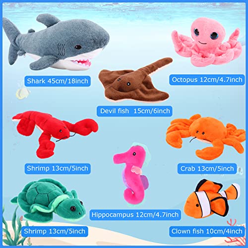 Zomiboo 18 Inch Great Shark Plush with 7 Pcs of Soft Stuffed Sea Animals Include Manta Ray Seahorse Crab Clown Fish Turtle Octopus and Lobster Gift for Friend - Image 5