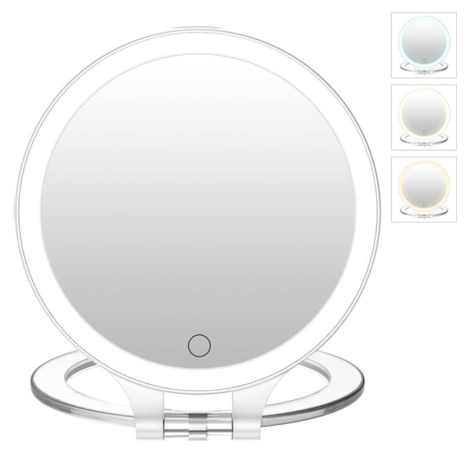 MAGNIFYING MIRROR 10X 1X DOUBLE SIDED MAGNIFICATION MAKEUP VANITY MIRROR RECHARGEABLE LIGHTED MIRROR WITH 3 COLOR SETTING ADJUSTABLE ROTATION LED VANITY DESK MIRROR