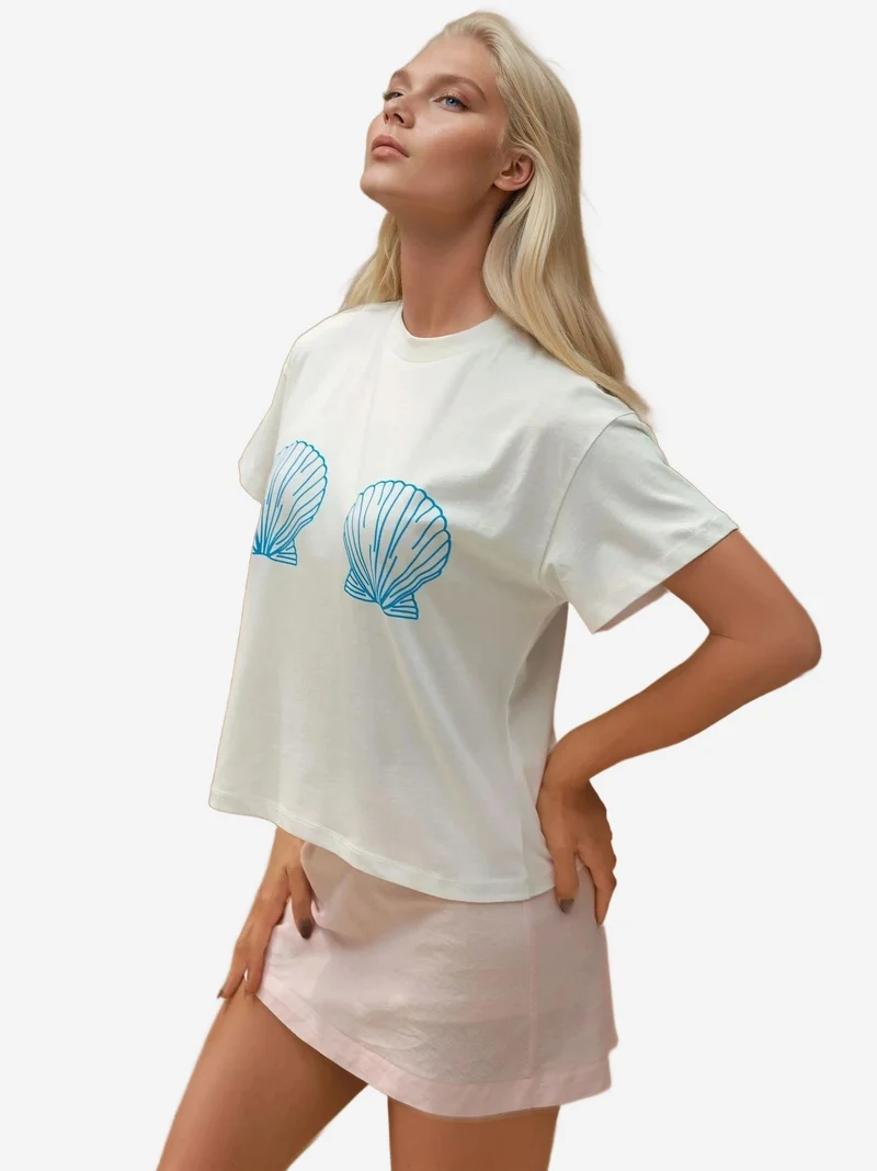 Hiccup Ice Blue Printed Regular Fit Crew Neck 100% Cotton T-shirt for Women | Best Price UAE