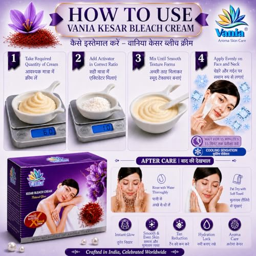 Vania Kesar Infused Bleach Cream 250g Glow Enhancing Cream for Clear Even Complexion Soft Hydrating Formula with Cooling Effect Helps Minimize Tan and Pigmentation for Normal to Dry Skin - Image 2