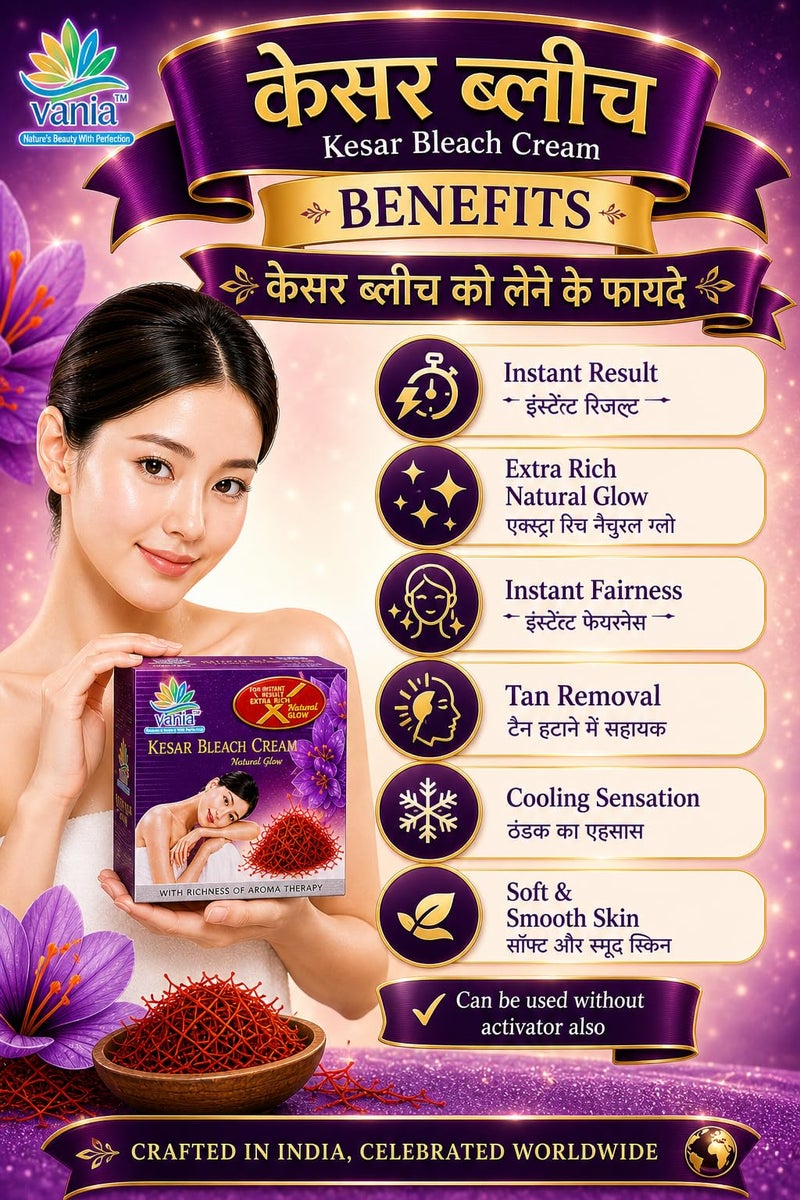 Vania Kesar Infused Bleach Cream 250g Glow Enhancing Cream for Clear Even Complexion Soft Hydrating Formula with Cooling Effect Helps Minimize Tan and Pigmentation for Normal to Dry Skin - Image 5
