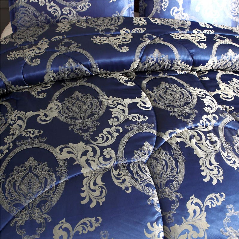 Raytrue-X Comforter Set Satin Silk Blanket All Season Bed Luxury Royal Blue Jacquard Quilt Bedding Sets Matching 2 Pillow Shams (Full/Queen, 88x88 inches, 3 Pieces) - Image 3