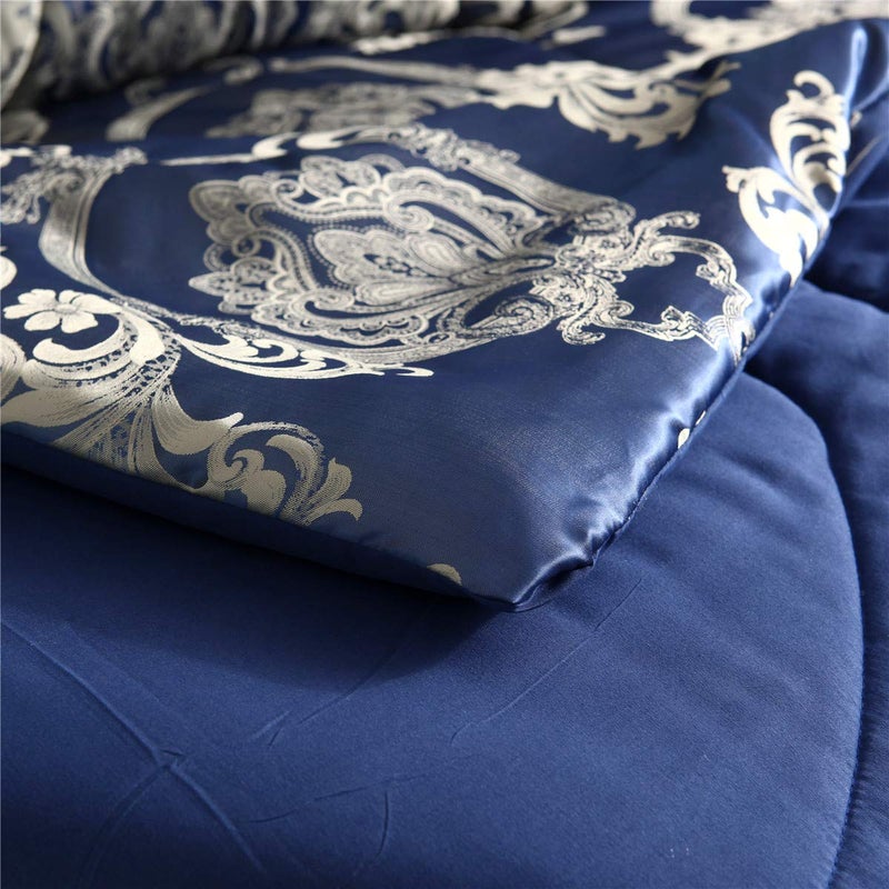 Raytrue-X Comforter Set Satin Silk Blanket All Season Bed Luxury Royal Blue Jacquard Quilt Bedding Sets Matching 2 Pillow Shams (Full/Queen, 88x88 inches, 3 Pieces) - Image 4